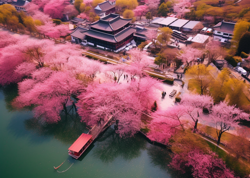 南京春天的莫愁湖公园海棠花航拍,高清,摄影图,摄影图片,图片大全,摄影图免费下载